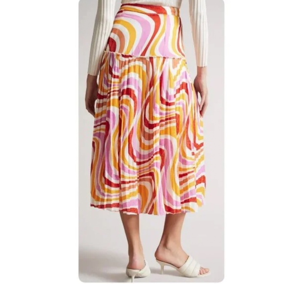 NWT Ted Baker Faidi Dropped Waist Pleated Retro Allover Print Midi Skirt 0/US 2 - Picture 3 of 16